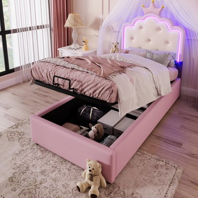 Merax Eenpersoonsbed 90x200 cm met LED Verlichting via Afstandsbediening - Kunstleer Gestoffeerd Prinsessenbed - Bed met Hydraulisch Opbergruimte – Roze