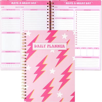 Roze A4 Planner Notebook - Preppy Lightning Design | Ongedateerde Dagplanner voor Dagelijkse Taken & Tijd Management | Notitieblok met 'Heb een Geweldige Dag' Motief