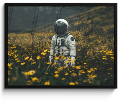 Poster in lijst - Fotolijst 80x60 cm - Posters - Astronaut - Bloemen - Veld - Geel - Posterlijst zwart - Decoratie - Wanddecoratie woonkamer - Muurdecoratie slaapkamer