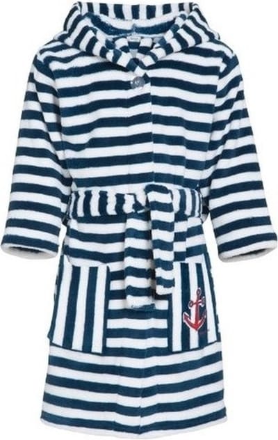 Blauwe/witte badjas/ochtendjas met strepen print voor kinderen - Playshoes kinder fleecebadjas 134/140