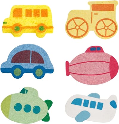 Set van 6 schattige wassponzen met voertuigmotieven voor bad en douche, ideaal voor kinderen en volwassenen