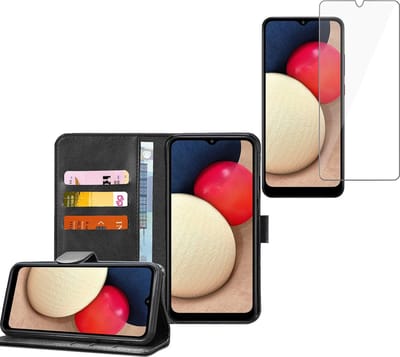 Hoesje geschikt voor Samsung Galaxy A02s - Screenprotector Glas - Book Case Portemonnee Hoesje Zwart