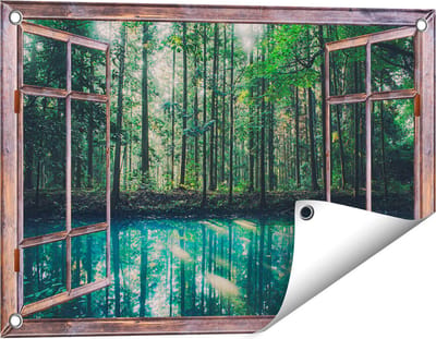 Gards Tuinposter Doorkijk Bos bij een Groen Meer - 60x40 cm - Tuindoek - Tuindecoratie - Wanddecoratie buiten - Tuinschilderij