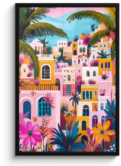 Poster in lijst - Fotolijst 60x90 cm - Posters - Kleurrijk - Roze - Oranje - Geel - Bloemen - Posterlijst zwart - Decoratie - Wanddecoratie woonkamer - Muurdecoratie slaapkamer