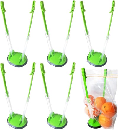 6-stuks Zakhouder - Keukenorganizer - Voedselopslaghouder - Verstelbare Hoogte - Met Antislip Basis - Handsfree - Kunststof - 27×12×9 cm - Geschikt voor keuken, diepvrieszakken, afsluitbare zakken, voedselbereiding - Zilver