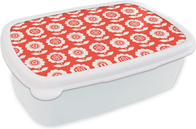 Broodtrommel Wit - Lunchbox Bloemen - Patroon - Rood - Brooddoos 18x12x6 cm - Brood lunch box - Broodtrommels voor kinderen en volwassenen