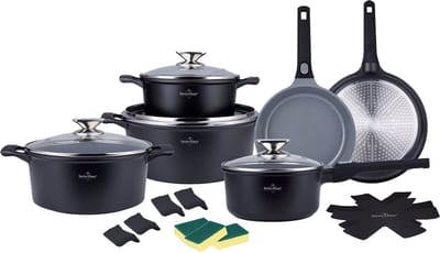 Swiss Haus® LG3019B Pannenset Inductie - 19 Delige Pannensets - PFAS Vrij - Set Met Koekenpannen, Kookpotten & Steelpan - Pannen met Afneembare Handgreep - Pan met Sapphire™ Antiaanbaklaag - Zwart