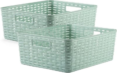 2x stuks rotan gevlochten opbergmand/opbergbox kunststof - Mintgroen - 28 x 36 x 13.5 cm - Kast mandjes
