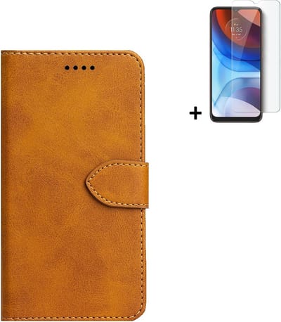 Hoesje Geschikt voor Motorola Moto E20 - Screenprotector Motorola Moto E20 - Wallet Bookcase Cognac Bruin + Screenprotector