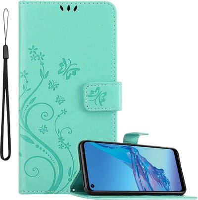 Cadorabo Hoesje geschikt voor Oppo A53s in Turkoois - Beschermhoes in bloemmotief met magnetische sluiting, standfunctie en kaartsleuven Book Case Cover Etui