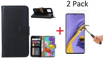 Hoesje Geschikt Voor Samsung Galaxy A51 Portemonnee hoesje + 2X Screenprotector - Zwart