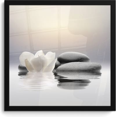 Poster in lijst - Fotolijst 40x40 cm - Posters - Stenen - Lotus - Wit - Water - Zen - Posterlijst zwart - Wanddecoratie badkamer - Muurdecoratie WC - Decoratieve accessoires - Toilet muur decoratie