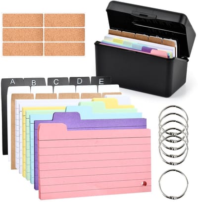 Dailygoods- Indexkaartenbox met 230 kleurrijke gelinieerde kaarten - 15 tabbladen - 6 ringen - 6 stickers - voor leren onderweg - robuuste kunststof hoes - Kaartendoos