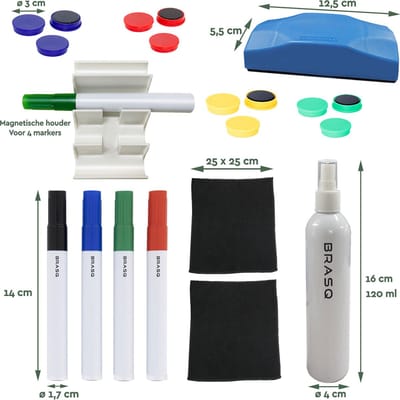 BRASQ Whiteboard starterkit Deluxe - 5 Markers - 12 Magneten - 2 Schoonmaakdoekjes - Wisser - Reinigingsspray - penhouder