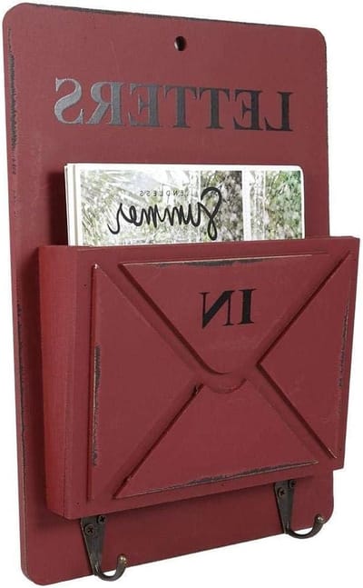 Muur Gemonteerd Magazine Rack Vintage Hout Iron Mail Box Letter Rack Sleutelhouder - Wandopslag Creatieve Home Decoratie met Haak Hanger - 7.1 * 1.7 * 10.2inch