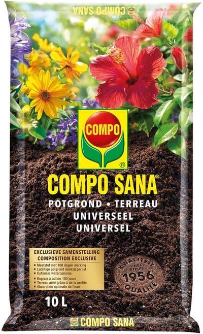 COMPO SANA Potgrond Universeel - incl. meststof 100 dagen lange werking - voor kamer-, balkon- en tuinplanten - zak 10L