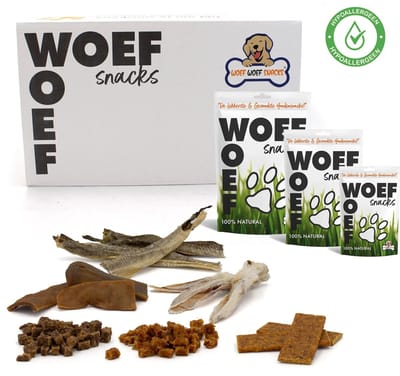 Woef Woef Snacks Hondensnacks Hypoallergene Snackbox - 1.00 KG - Kauwsnacks - Gedroogd vlees - Diverse smaken - vanaf 3 maanden - Geen toevoegingen