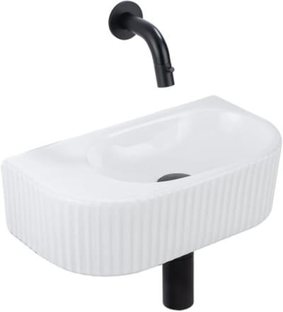 QeramiQ Fuente fonteinset – halfrond – 40x21.5x12 cm – keramiek wit glans – mat zwarte kraan – geribbeld