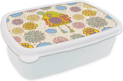 Broodtrommel Wit - Lunchbox - Brooddoos - Koekoeksklok - Patronen - Paddenstoel - Bloemen - 18x12x6 cm - Volwassenen