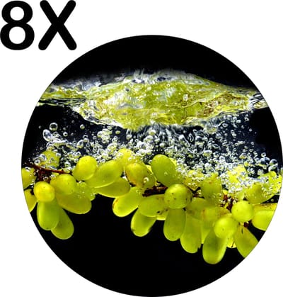 Luxe Ronde Placemat - Druiven in het Water met Zwarte Achtergrond - Set van 8 Placemats - 50x50 cm - 2 mm dik Vinyl - Anti Slip - Afneembaar