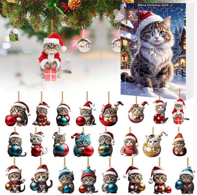 Dailygoods - Kerstboom kattenhanger, adventskalender 2024, acryl kerstboomhanger, kerstboomversiering, 24-dagen aftelkalender voor kattenliefhebbers