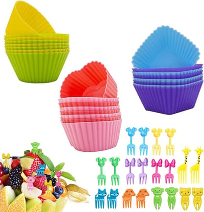 SnelShoppen - 24 Stuks Herbruikbare Siliconen Mallen, 20 Stuks Bento Decoraties, Muffin Mallen, Cupcake Bakvormpjes, Milieuvriendelijke Bakvormen voor