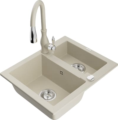 Mexen Carlos granieten gootsteen 1,5-kamer met keukenmengkraan Savita, beige - 6518-69-672601-69