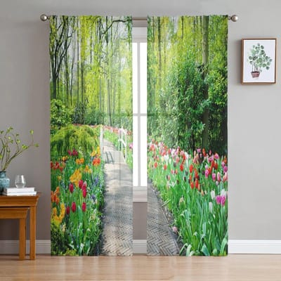 Bospad Bloemen Bladeren Tule Gordijnen Balkonkamer Mode Bedrukt Transparant Gordijn Woonkamer Raam Moderne Decoratie 135W x 114H(cm) black