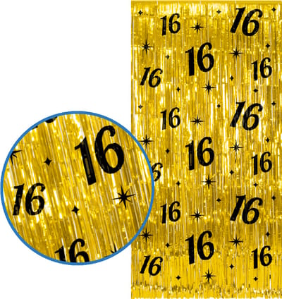 BTH - 16 Jaar Feestgordijn - Goud & Zwart 2x1 m - Folie Backdrop - Verjaardag Versiering - Feestversiering - Sweet 16