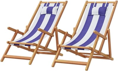 Strandstoelen Hout - Loungestoelen - Ontspannen Buiten - 3 standen verstelbaar - 2 stuks - Blauw Wit