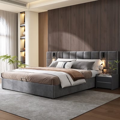 Tweepersoonsbed - 180x200 - Hydraulisch opbergbed met LED en dik hoofdeinde - fluweel - grijs - zonder matras
