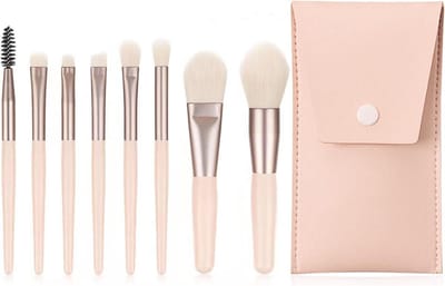 8-delige make-up borstelset voor professionele en goedkope make-up - concealer, fluffy eyeshadow, blusher - abrikoos + leren etui -- voor vrouwen en meisjes op reis.