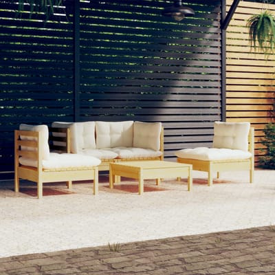 vidaXL - 5-delige - Loungeset - met - crèmekleurige - kussens - massief - grenenhout