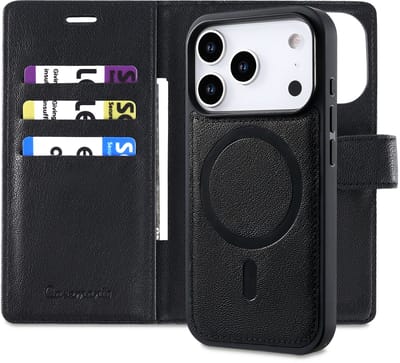 Casemania Hoesje Geschikt voor Apple iPhone 17 Pro - Onyx Black - 2 in 1 Afneembare Bookcase van Lederlook met Fijne Nerf - Geschikt voor MagSafe - Portemonnee Telefoonhoesje met Pasjeshouder en Standaardfunctie