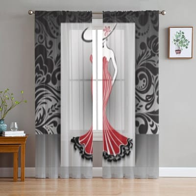 Jongenskamer Transparante Gordijnen Vrouw Lange Jurk Bloem Mode Keuken Studiegordijnen Woonkamer Vakantie Decor Tule Gordijnen 135W x 114H(cm)