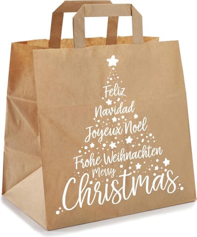 Kerst Draagtassen Van Kraftpapier Met Platte Oren " Xmas White" Take Away 26x17x25cm 50 Stuks / Kersttasjes/ Kersttassen