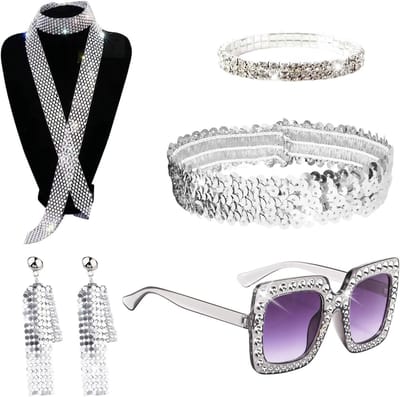 70s Disco Kostuum Set met Pailletten Sjaal, Oorbellen, Zonnebril en Haarband voor Retro Cosplay en Feestoutfits