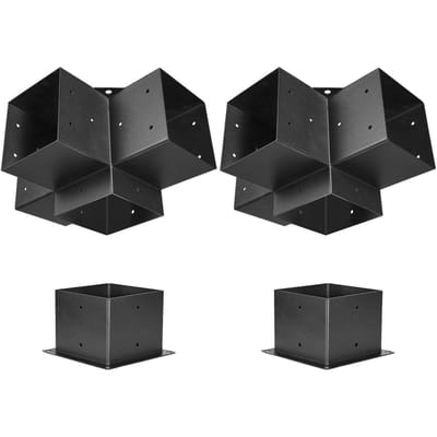 Pergola Beugelset, 6x6 Inch (Binnenmaat 142 x 142 mm), 2 Stuks 4-Weg Heavy Duty Hoekbeugel Houtbewerking DIY Paalbasis Kit, Eenvoudige Installatie Houten