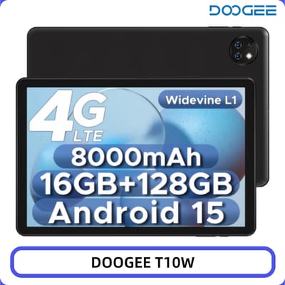DOOGEE T10W Tablet 10.1" HD-scherm Android 15 16GB RAM 128GB ROM 8000mAh Grote Batterij 4GLTE Unisoc T310 Pad PC