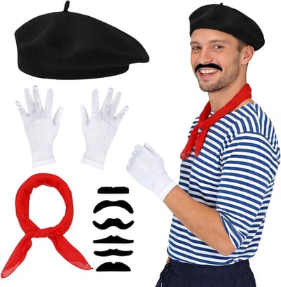 9-delige Franse kostuumset voor volwassenen en unisex, inclusief accessoires voor cosplay en feestelijke gelegenheden