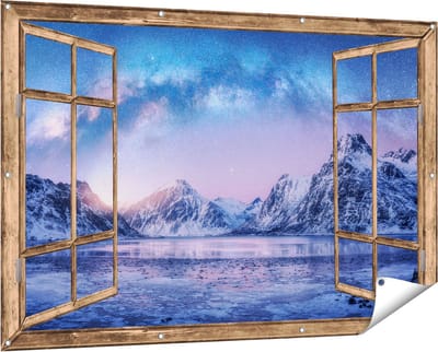 Gards Tuinposter Doorkijk Melkweg bij de Besneeuwde bergen - 150x100 cm - Tuindoek - Tuindecoratie - Wanddecoratie buiten - Tuinschilderij