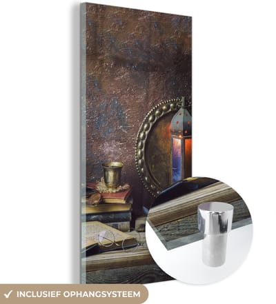 MuchoWow® Glasschilderij 60x120 cm - Schilderij acrylglas - Boek - Stilleven - Walnoot - Lantaarn - Vintage - Foto op glas - Schilderijen