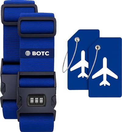 BOTC Kofferriem met Cijfer Slot - 4 stuks - 2 Kofferriem met cijferslot + 2 bagagelabels - 200 cm * 5 cm - Bagage Riem - Bagageband - Verstelbaar - Blauw