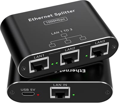 LAN-Splitter 1 naar 3 - Gigabit Ethernet Netwerk Switch 1000 Mbps - 3-Poorts Verdeler voor Cat5/5e/6/6e/7/8 Kabels