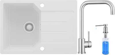 Anycee MAX Spoelbak Keuken 65x45CM - Granieten Spoelbakken Met keukenmengkraan en Zeepdispenser - Onderbouw Spoelbak Wit - Met waterafvoersysteem - Voor 40 cm kast