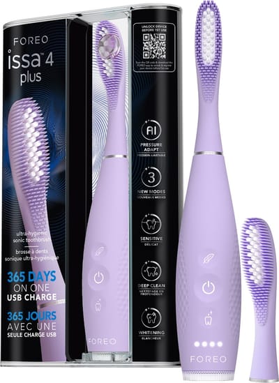 FOREO issa 4 plus sonische elektrische tandenborstel – 4-in-1 AI-gestuurde oplaadbare set met extra siliconen- en polymeren borstelkop, zachte haren, tandenverlichting en ultra-hygiënische reiniging - Lavander