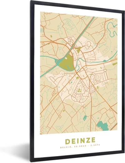 Fotolijst incl. Poster - Kaart - Deinze - Plattegrond - Vintage - Stadskaart - 40x60 cm - Posterlijst