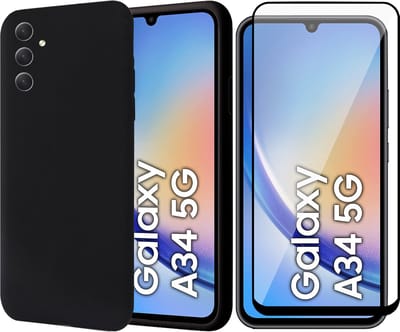 Hoesje geschikt voor Samsung Galaxy A34 - Screen Protector FullGuard - Back Cover Case SoftTouch Zwart & Screenprotector