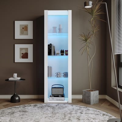 Pugsdrly Witte hoogglans vitrinekast met ledverlichting, 3 glazen planken, 55*38*166 cm, vitrines, staande vitrines, hoge kasten, opbergkasten
