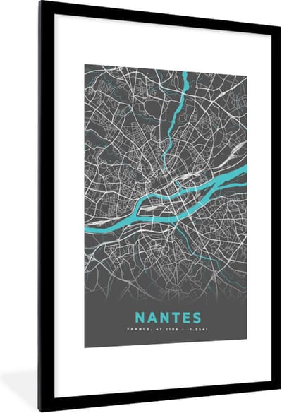 Fotolijst incl. Poster - Nantes - Frankrijk - Kaart - Stadskaart - Plattegrond - 60x90 cm - Posterlijst